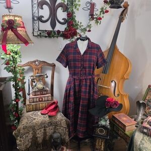Collectif Vintage-Inspired Red & Navy Plaid Shirtwaist Dress